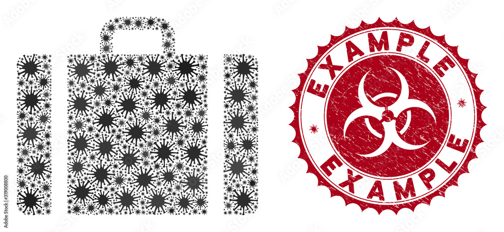 Poster coronavirus mosaic baggage icon and rounded grunge stamp seal with example text. mosaic vector is fo