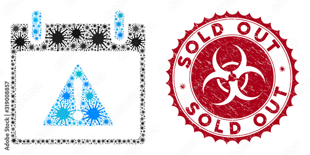 Poster coronavirus mosaic warning calendar day icon and round corroded stamp watermark with sold out text. 