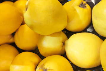 Yellow fresh quince fruits in the market, fruit background, natural products in the supermarket