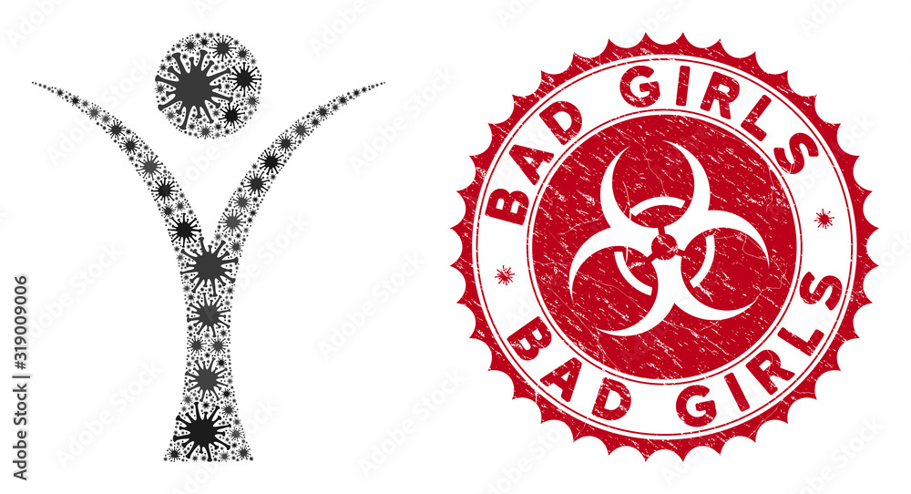 Poster coronavirus mosaic abstract man icon and rounded distressed stamp watermark with bad girls phrase. m