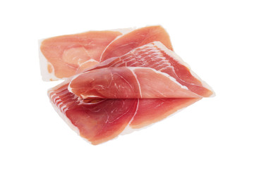 Jamon, Prosciutto, Speck, Dry Cured Meat or Ham slices isolated on white with clipping path