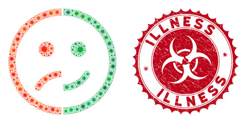 Obraz premium Coronavirus collage bipolar emotion icon and round grunge stamp seal with Illness phrase. Mosaic vector is composed with bipolar emotion icon and with scattered bacterium elements.