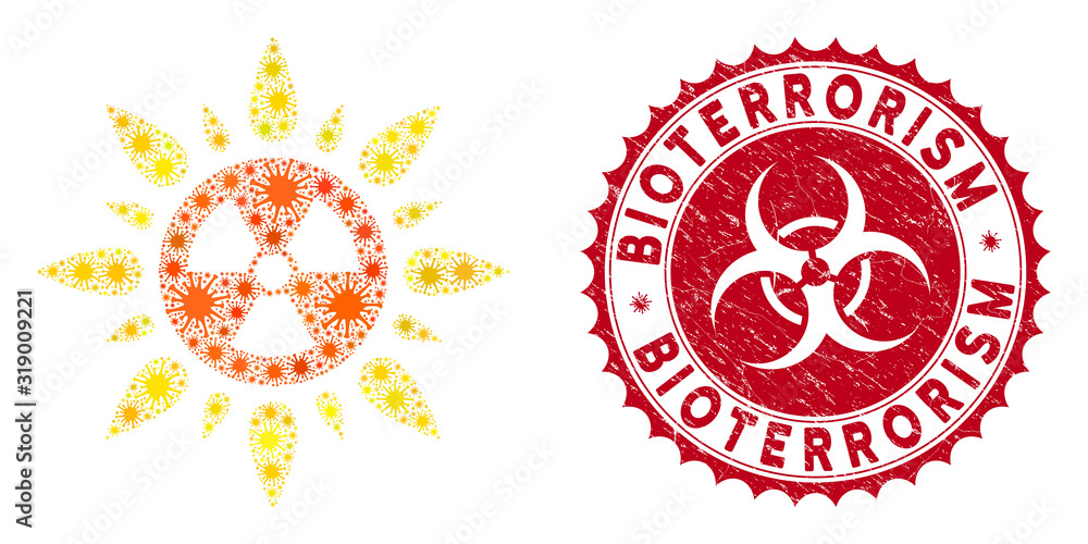 Poster coronavirus mosaic atomic radiation icon and round rubber stamp watermark with bioterrorism phrase. 