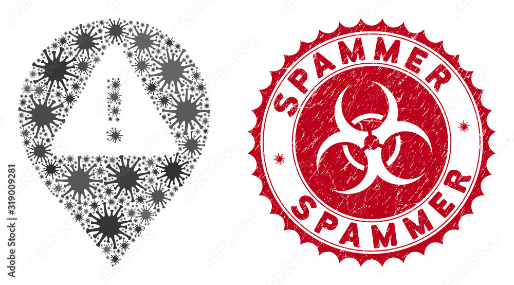 Poster coronavirus mosaic warning map marker icon and rounded rubber stamp watermark with spammer phrase. m