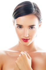 Naklejka premium young pretty brunette woman with natural makeup posing cheerful with hands isoletad on white background, spa people concept