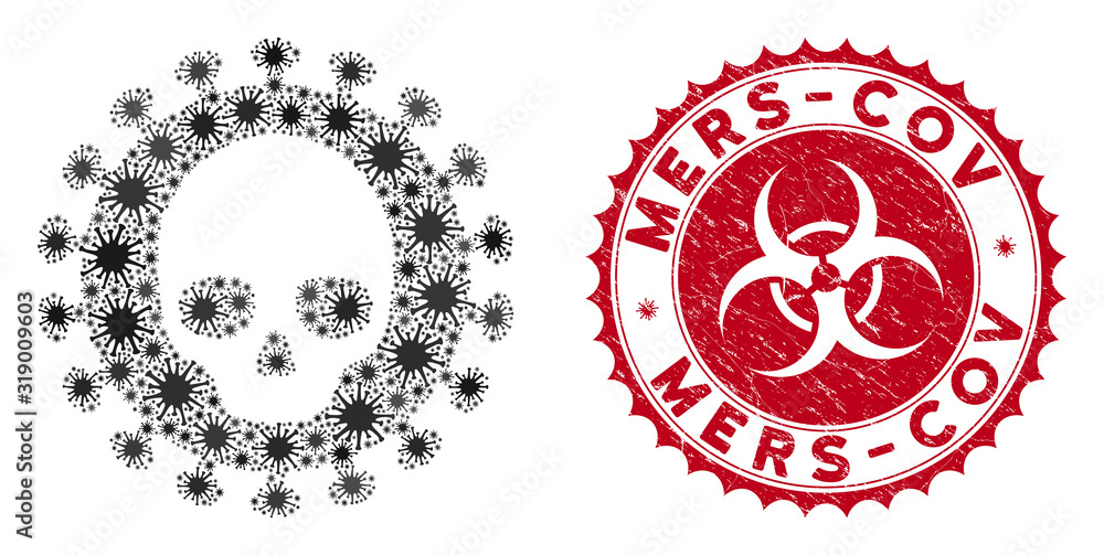 Poster coronavirus mosaic mortal virus icon and rounded distressed stamp seal with mers-cov caption. mosaic