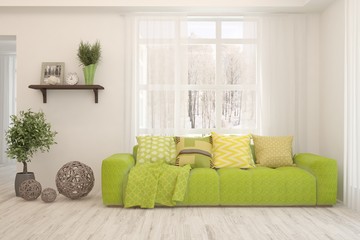 Stylish room in white color with sofa and winter landscape in window. Scandinavian interior design. 3D illustration