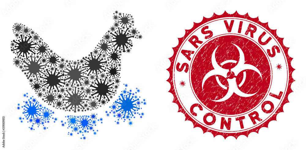 Poster coronavirus mosaic chicken virus icon and round corroded stamp watermark with sars virus control phr