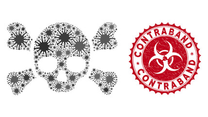 Coronavirus mosaic skull crossbones icon and round grunge stamp watermark with Contraband caption. Mosaic vector is designed with skull crossbones icon and with scattered bacterium icons.