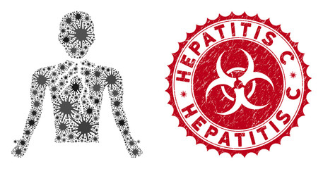 Coronavirus mosaic chest cancer icon and rounded distressed stamp seal with Hepatitis C caption. Mosaic vector is designed with chest cancer icon and with randomized bacillus objects.