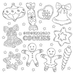 Cute doodles, vector illustration for Christmas, hand drawn set for decoration. Clipart of cookies, gingerbread, icicle, star, gingerbread man and girl tree decoration, bell with bow, candy, heart.