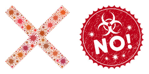 Coronavirus mosaic cancel icon and round rubber stamp seal with No! caption. Mosaic vector is designed with cancel icon and with scattered contagious elements. No! seal uses biohazard style,