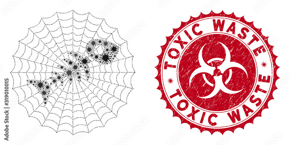 Poster coronavirus mosaic dead fish net icon and round rubber stamp seal with toxic waste phrase. mosaic ve