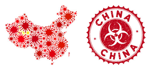Coronavirus collage China map icon and rounded distressed stamp seal with China text. Mosaic vector is composed with China map icon and with random contagion items.