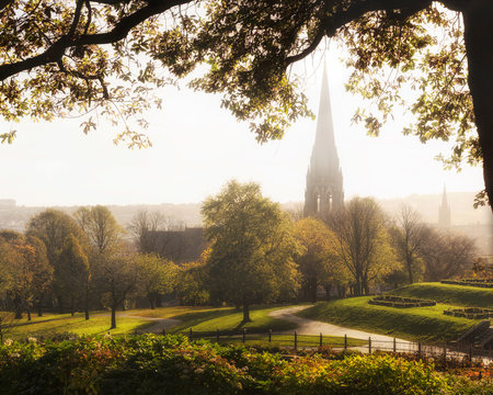 Autumnal view of Brooke Park, Derry-Londonderry across the changing tree tops and the misty city skyline.