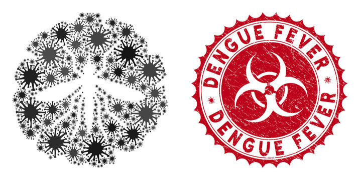 Coronavirus mosaic dengue fever virus icon and round distressed stamp seal with Dengue Fever phrase. Mosaic vector is created from dengue fever virus icon and with randomized contagious symbols.