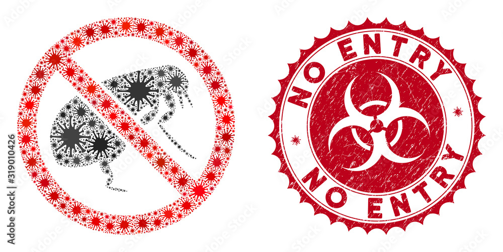 Poster coronavirus mosaic no flea icon and round rubber stamp seal with no entry caption. mosaic vector is 