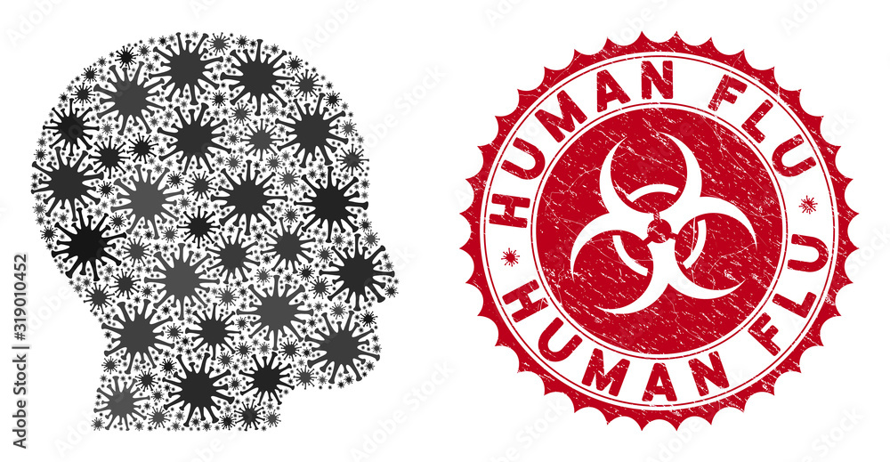 Poster coronavirus mosaic bald head icon and rounded rubber stamp seal with human flu text. mosaic vector i