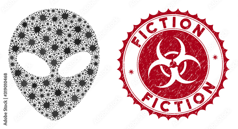Poster coronavirus mosaic alien face icon and rounded grunge stamp seal with fiction text. mosaic vector is
