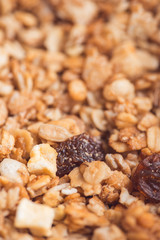 Useful and tasty muesli with nuts, rasins and flakes. Selective focus macro shot with very shallow depth of field. Healthy and vegetarian lifestyle