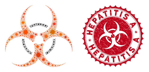 Coronavirus mosaic bio hazard icon and rounded rubber stamp seal with Hepatitis A text. Mosaic vector is created with bio hazard icon and with scattered epidemic elements.