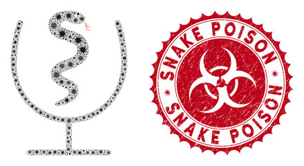 Coronavirus mosaic snake poison icon and rounded grunge stamp seal with Snake Poison phrase. Mosaic vector is composed with snake poison icon and with scattered contagious elements.