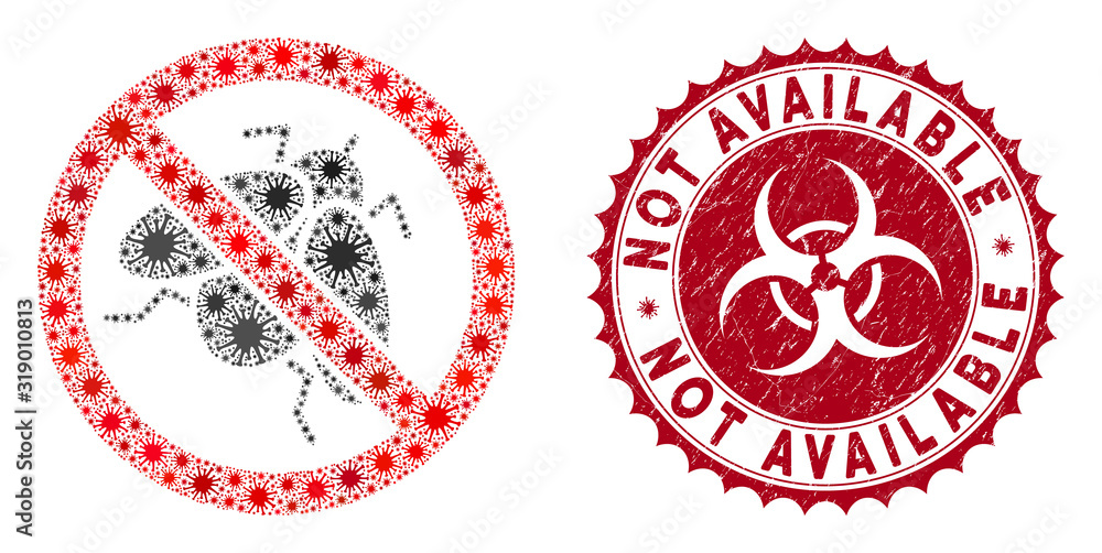 Poster coronavirus mosaic no fly insect icon and round distressed stamp seal with not available text. mosai