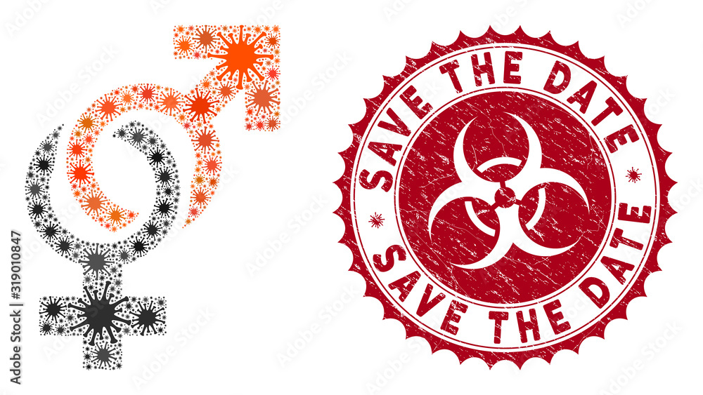 Poster coronavirus mosaic sexual symbols icon and round distressed stamp seal with save the date caption. m