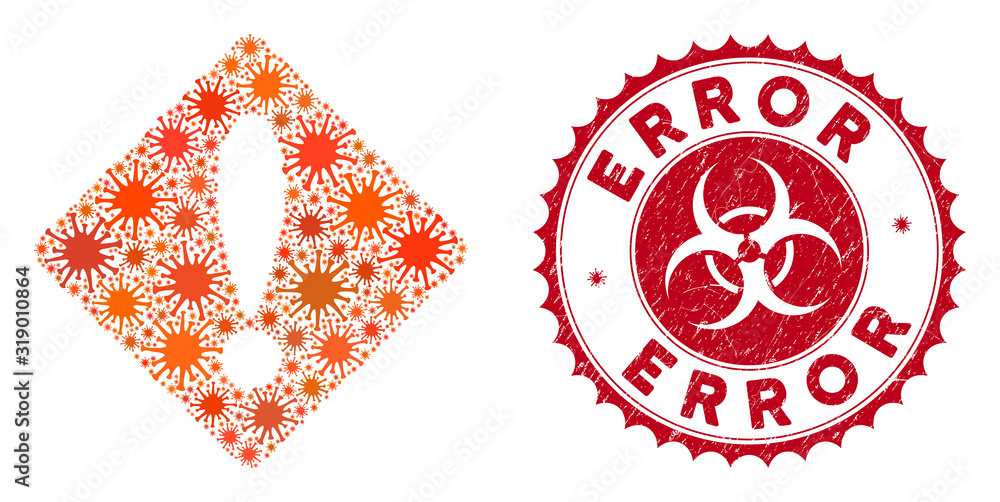 Poster coronavirus mosaic error icon and round grunge stamp seal with error caption. mosaic vector is creat