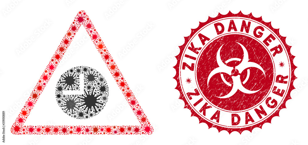 Poster coronavirus mosaic expired warning icon and rounded corroded stamp watermark with zika danger phrase