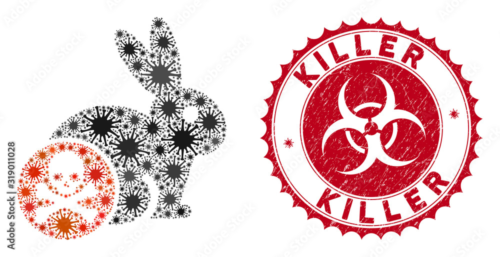 Poster coronavirus mosaic rabbit toxin icon and rounded distressed stamp watermark with killer caption. mos