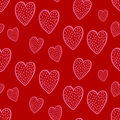 Red seamless pattern of decorative hand-drawn hearts