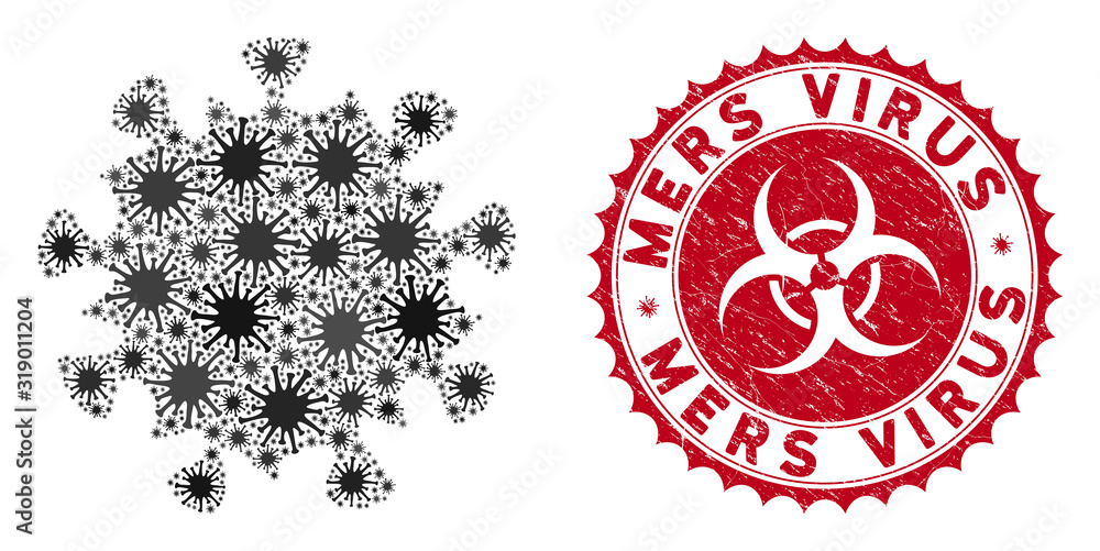 Poster coronavirus mosaic mers virus icon and rounded grunge stamp seal with mers virus phrase. mosaic vect