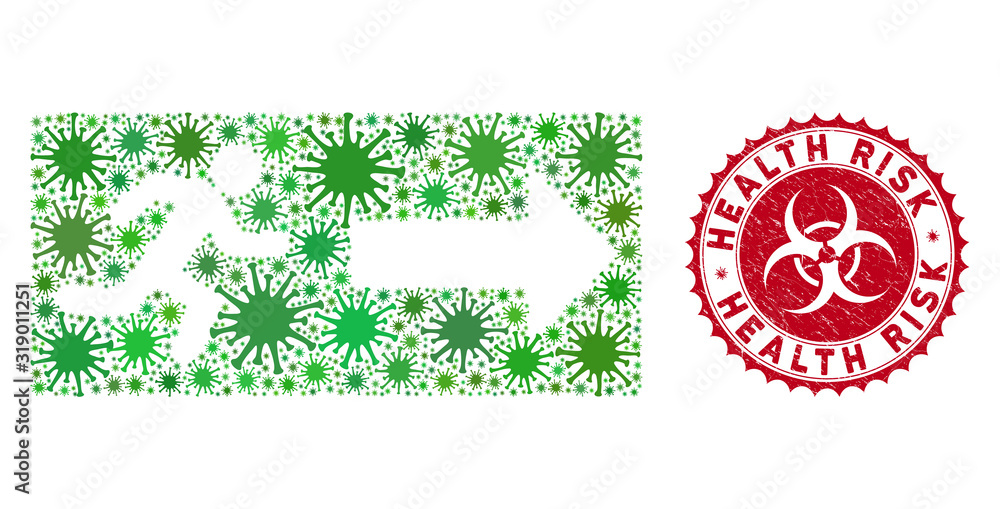 Poster coronavirus mosaic emergency exit icon and round rubber stamp seal with health risk caption. mosaic 