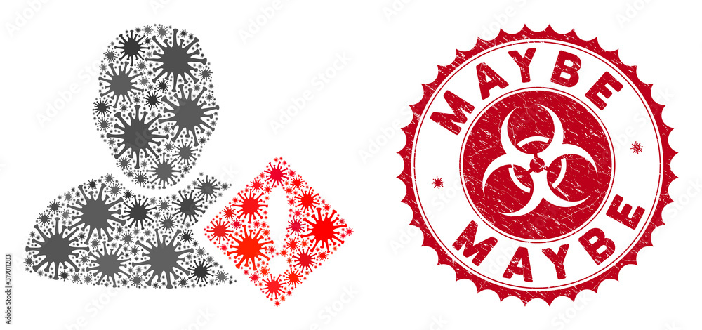 Poster coronavirus mosaic user problem icon and rounded rubber stamp seal with maybe phrase. mosaic vector 