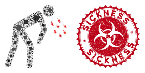 Coronavirus mosaic coronavirus sickness icon and rounded grunge stamp seal with Sickness text. Mosaic vector is composed from coronavirus sickness pictogram and with random mers-cov elements.