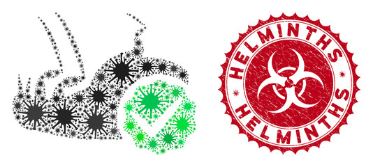 Coronavirus collage flea control icon and round rubber stamp watermark with Helminths phrase. Mosaic vector is created with flea control icon and with random viral items.