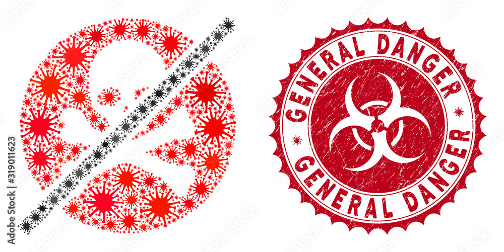 Poster coronavirus mosaic no toxins icon and rounded rubber stamp seal with general danger text. mosaic vec