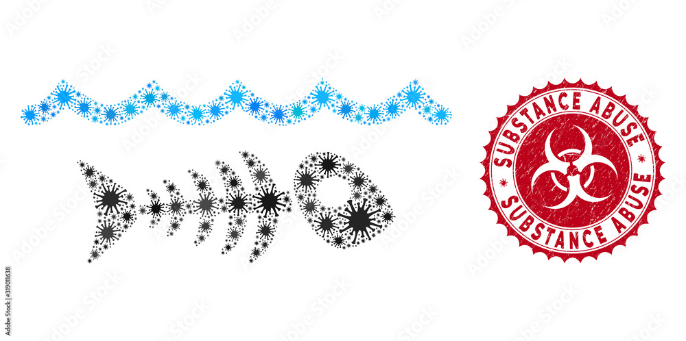 Poster coronavirus mosaic water pollution icon and round rubber stamp seal with substance abuse caption. mo