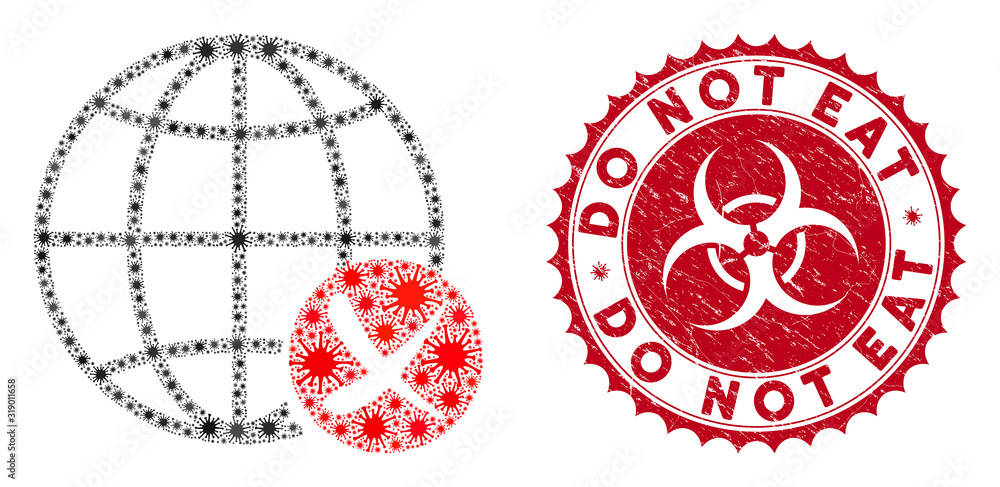 Poster coronavirus collage stop global web icon and rounded corroded stamp seal with do not eat text. mosai