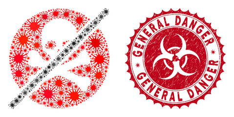 Coronavirus mosaic no toxins icon and rounded rubber stamp seal with General Danger text. Mosaic vector is designed with no toxins pictogram and with random microbe cell items.