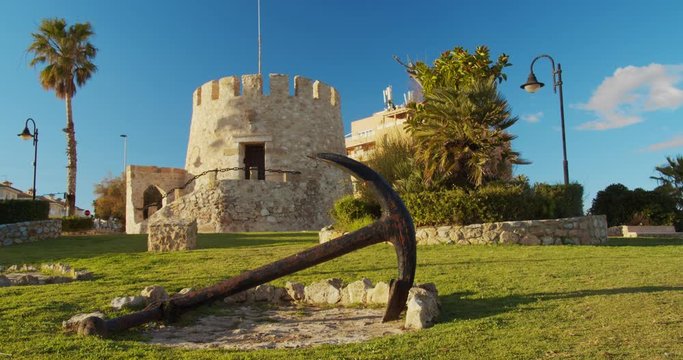 Watchtower on the Spanish Mediterranean coastline, Torrevieja Torre del Moro. Timelapse.