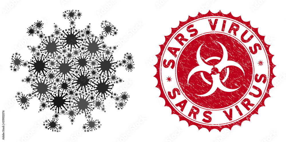 Poster coronavirus mosaic sars virus icon and rounded rubber stamp watermark with sars virus phrase. mosaic