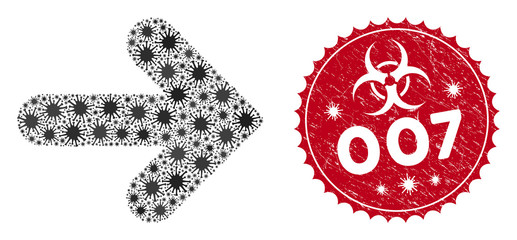Coronavirus mosaic arrow direction icon and round grunge stamp seal with 007 phrase. Mosaic vector is created with arrow direction icon and with random bacteria elements.