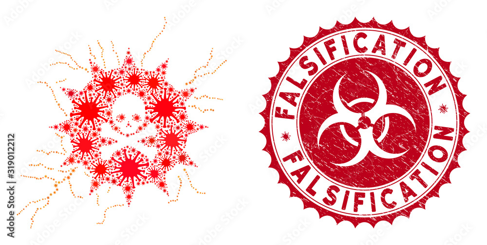 Poster coronavirus mosaic toxic power icon and round corroded stamp seal with falsification caption. mosaic