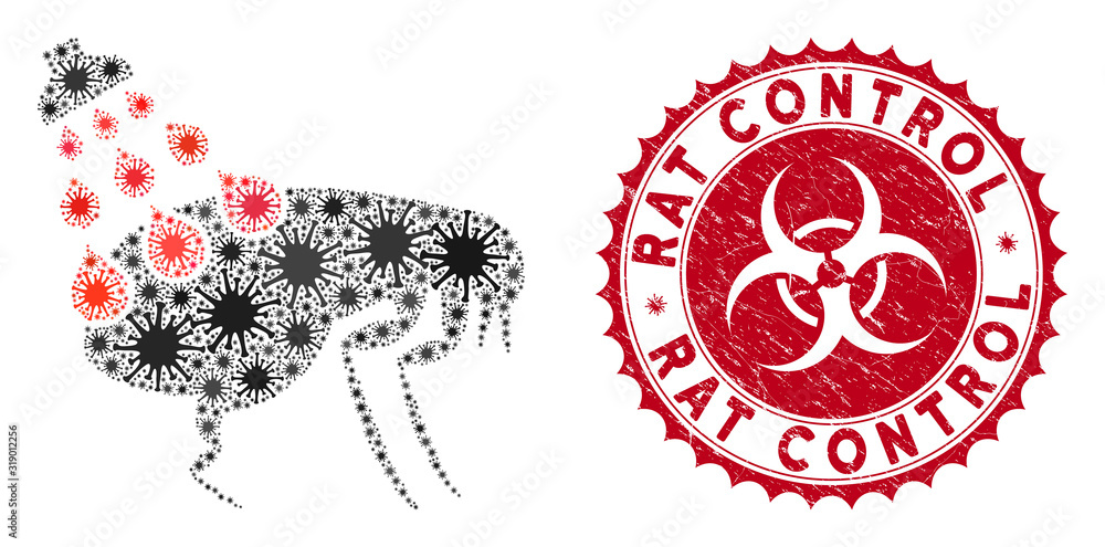 Poster coronavirus mosaic get rid of fleas icon and round grunge stamp seal with rat control text. mosaic v