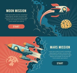Rocket launch to the moon - space flyer in retro style. Spaceship start mars mission - vintage banner. Vector illustration. © Agor2012