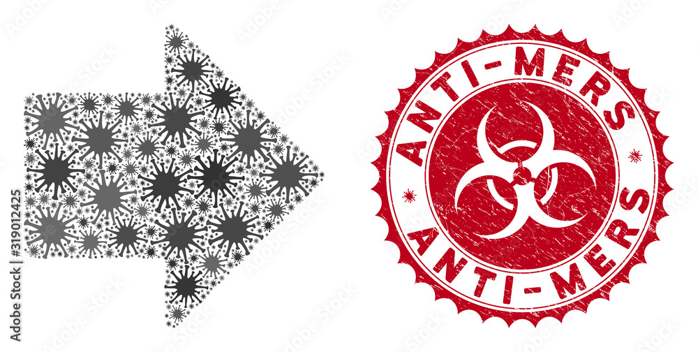 Poster coronavirus mosaic arrow right icon and rounded grunge stamp seal with anti-mers text. mosaic vector