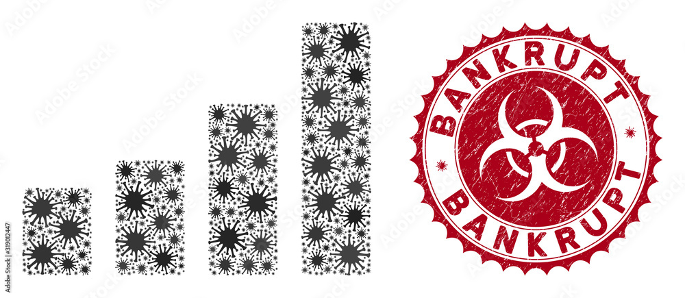 Poster coronavirus mosaic bar chart icon and round rubber stamp seal with bankrupt phrase. mosaic vector is