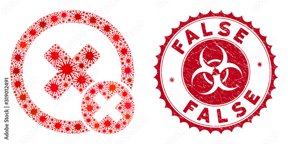 Poster coronavirus mosaic false negative icon and round distressed stamp watermark with false phrase. mosai